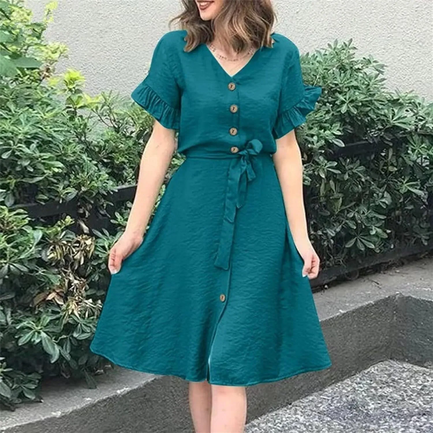 Womens Fashion Summer Dresses Elegant Short Sleeve Button Down Dresses Womens Ruffle Vacation Beach Dresses with Belt