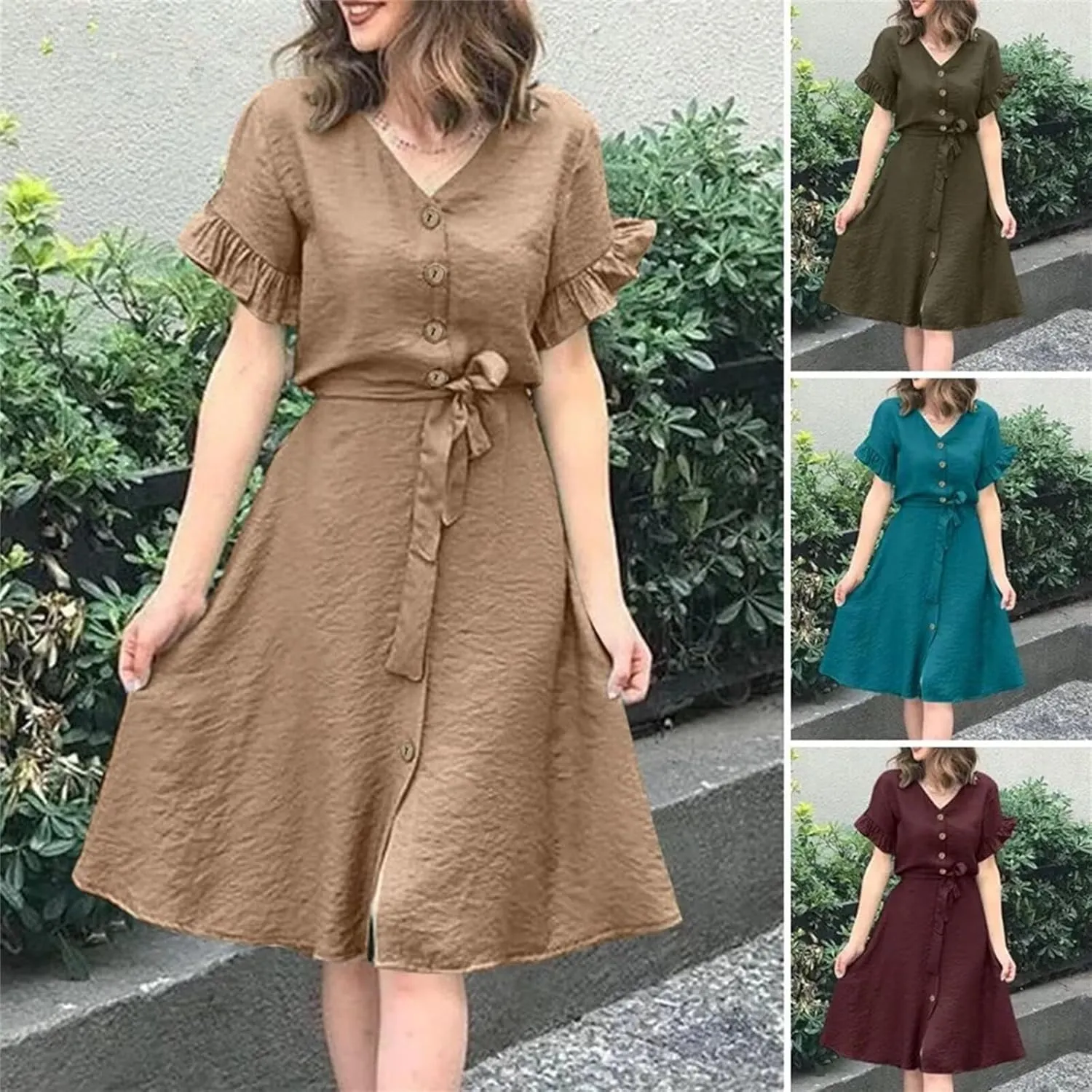 Womens Fashion Summer Dresses Elegant Short Sleeve Button Down Dresses Womens Ruffle Vacation Beach Dresses with Belt