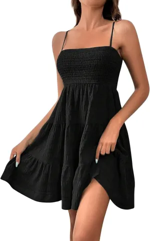 Women's Floral Dress Sleeveless Spaghetti Strap Square Neck Solid Color Ruffle Summer Boho A Line Dress, S-2XL
