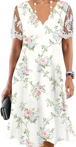 Women's Floral Lace Short Sleeve Dress Casual Summer Beach Sun Dress Elegant Sexy V-Neck White Mini Dresses