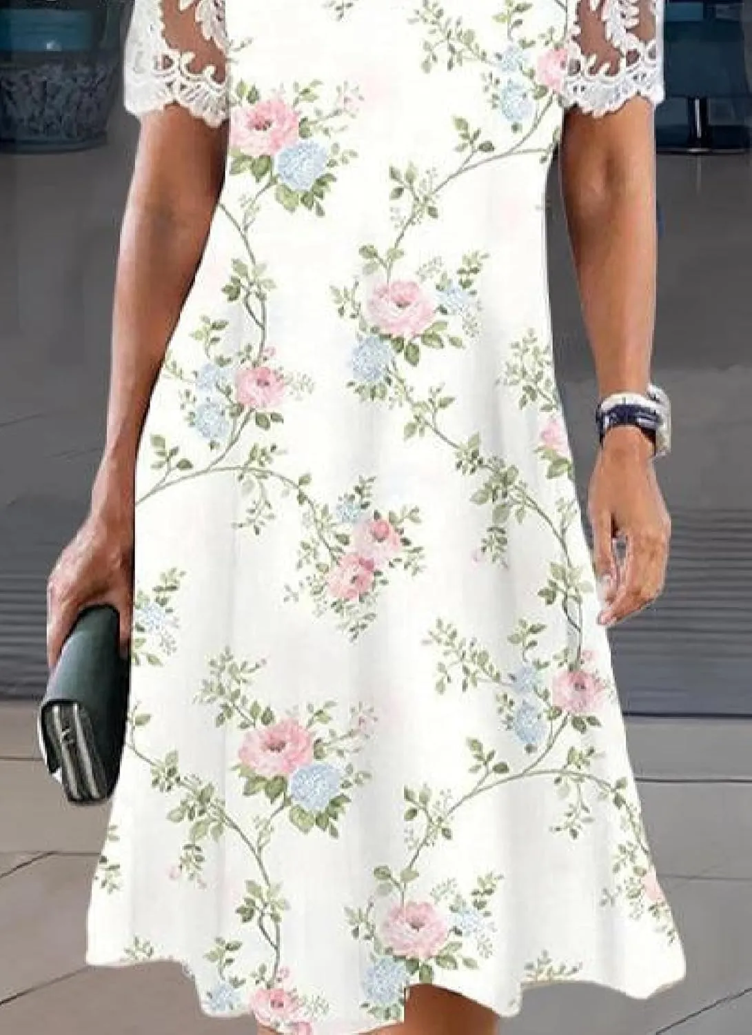 Women's Floral Lace Short Sleeve Dress Casual Summer Beach Sun Dress Elegant Sexy V-Neck White Mini Dresses