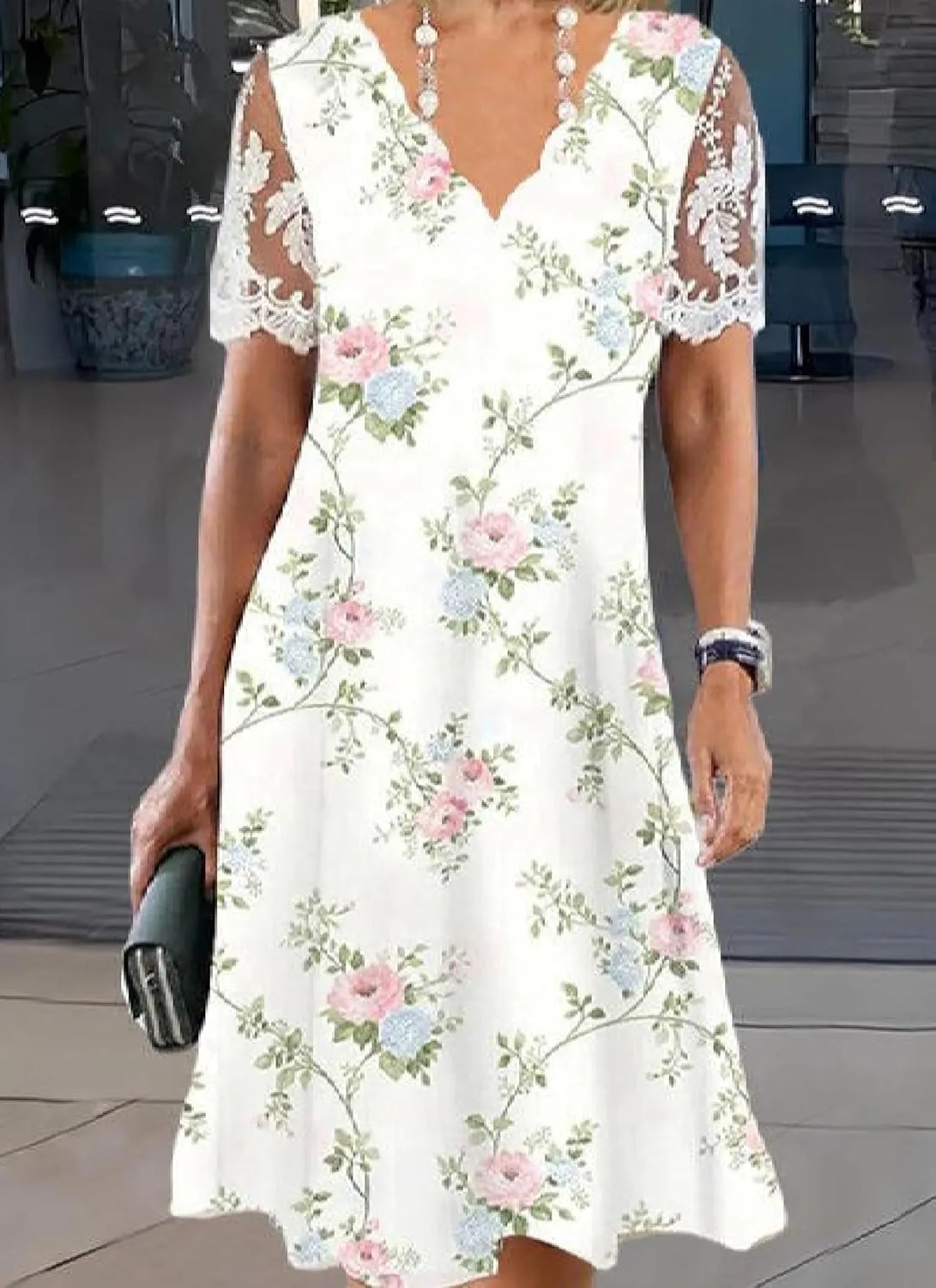 Women's Floral Lace Short Sleeve Dress Casual Summer Beach Sun Dress Elegant Sexy V-Neck White Mini Dresses