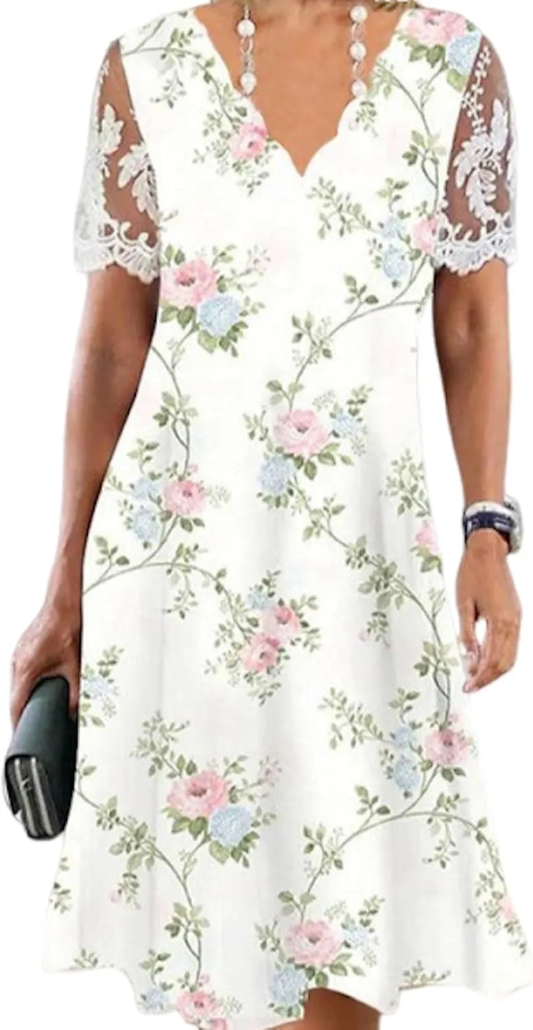 Women's Floral Lace Short Sleeve Dress Casual Summer Beach Sun Dress Elegant Sexy V-Neck White Mini Dresses