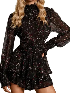 Women's Floral Long Puff Sleeve Dress Summer Chiffon Mock Neck Tie Waist Ruffle Layered Mini Dresses