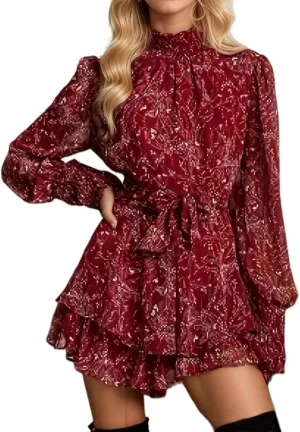 Women's Floral Long Puff Sleeve Dress Summer Chiffon Mock Neck Tie Waist Ruffle Layered Mini Dresses