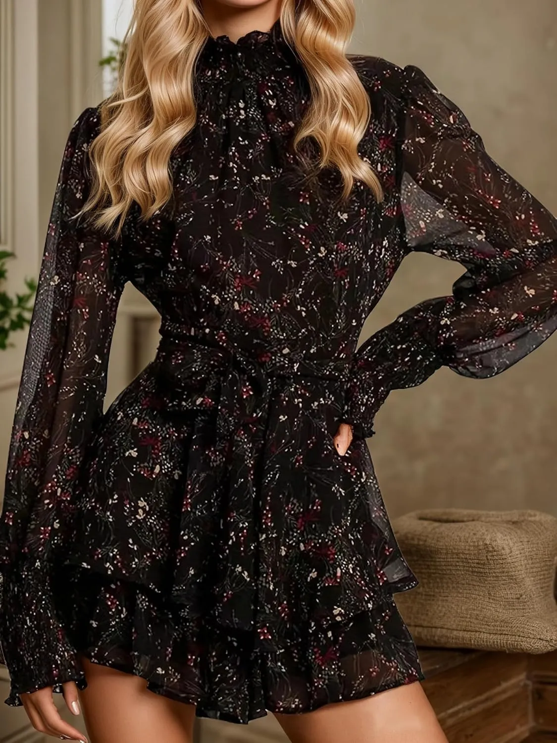 Women's Floral Long Puff Sleeve Dress Summer Chiffon Mock Neck Tie Waist Ruffle Layered Mini Dresses