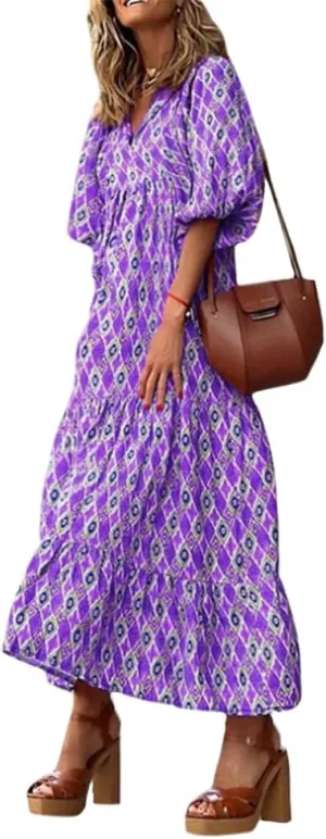 Womens Floral Maxi Dresses V-Neck Puff Sleeve French Long Dress Oversized Trendy Flowy Summer Dresses for Women 2024