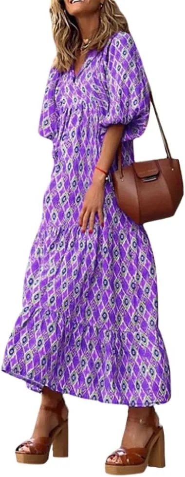 Womens Floral Maxi Dresses V-Neck Puff Sleeve French Long Dress Oversized Trendy Flowy Summer Dresses for Women 2024