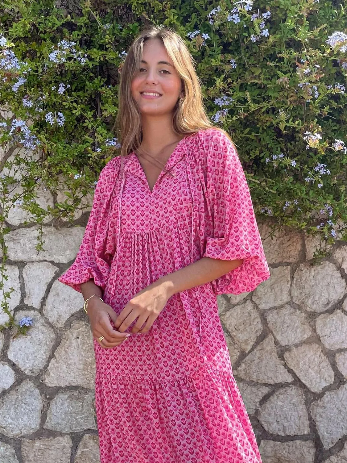Womens Floral Maxi Dresses V-Neck Puff Sleeve French Long Dress Oversized Trendy Flowy Summer Dresses for Women 2024
