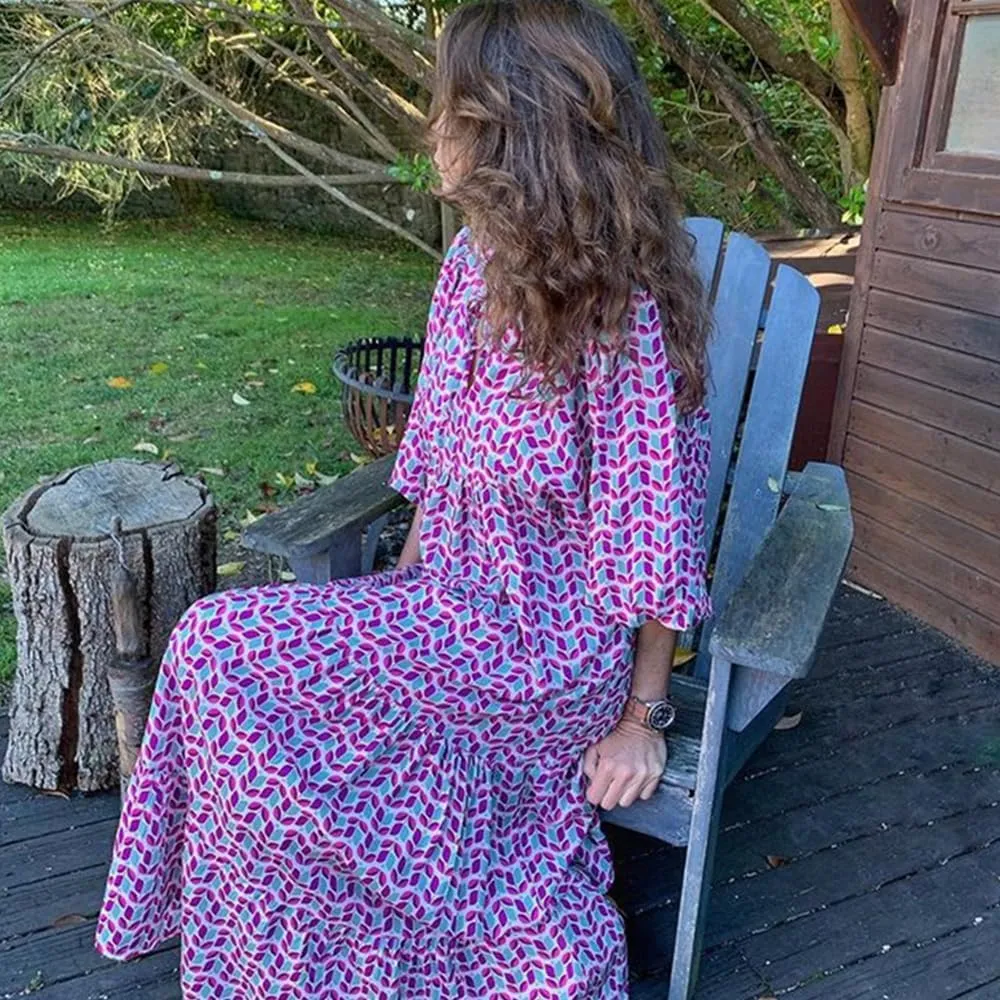 Womens Floral Maxi Dresses V-Neck Puff Sleeve French Long Dress Oversized Trendy Flowy Summer Dresses for Women 2024