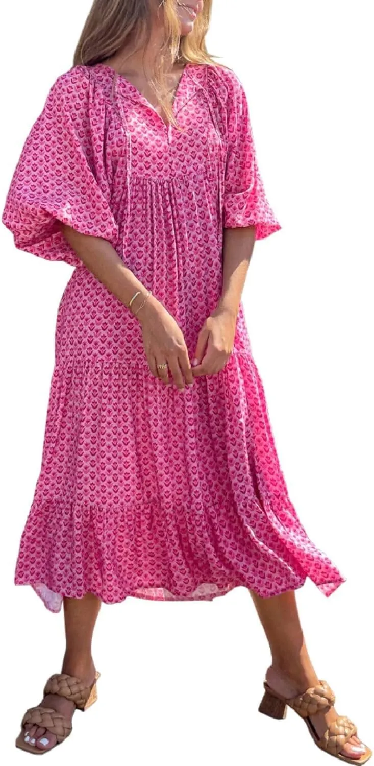 Womens Floral Maxi Dresses V-Neck Puff Sleeve French Long Dress Oversized Trendy Flowy Summer Dresses for Women 2024