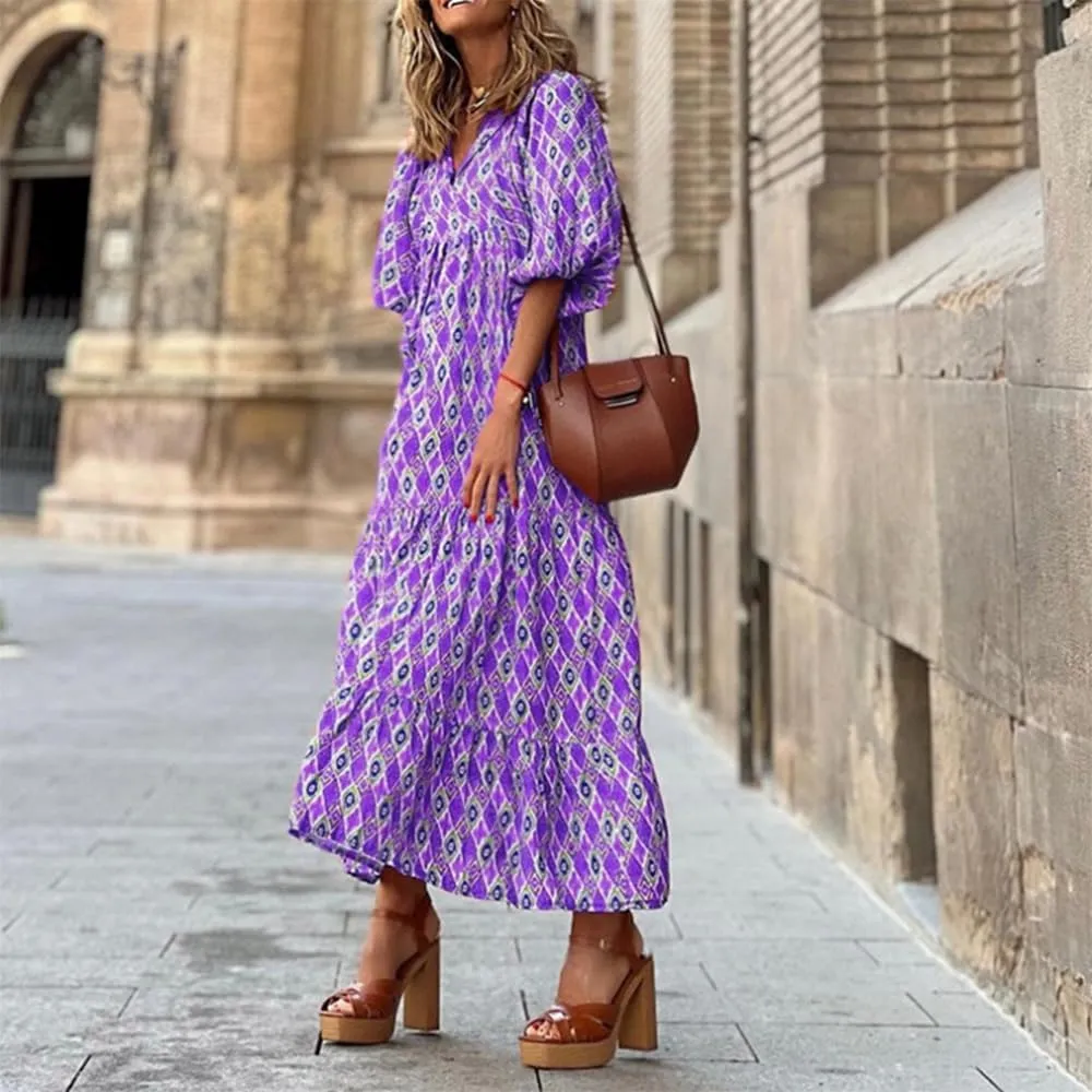 Womens Floral Maxi Dresses V-Neck Puff Sleeve French Long Dress Oversized Trendy Flowy Summer Dresses for Women 2024