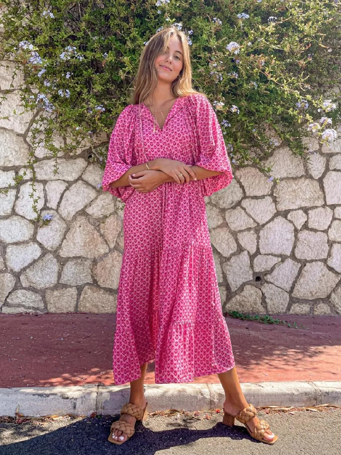 Womens Floral Maxi Dresses V-Neck Puff Sleeve French Long Dress Oversized Trendy Flowy Summer Dresses for Women 2024