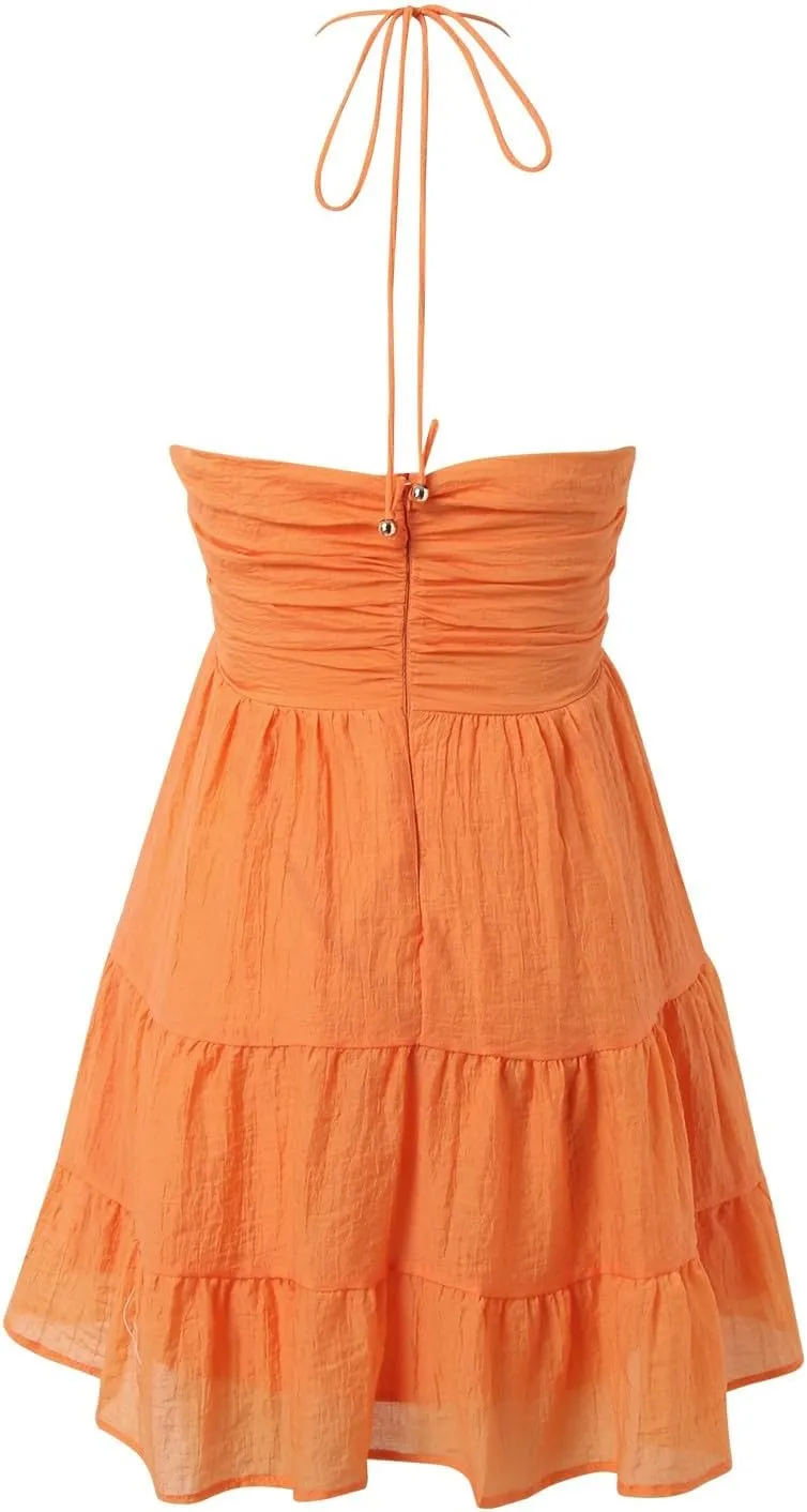 Women's Floral Print Halter Neck Mini Dress Ruched Sleeveless Ruffle Cut Out Flowy Tiered Cute Beach Club Short Dress