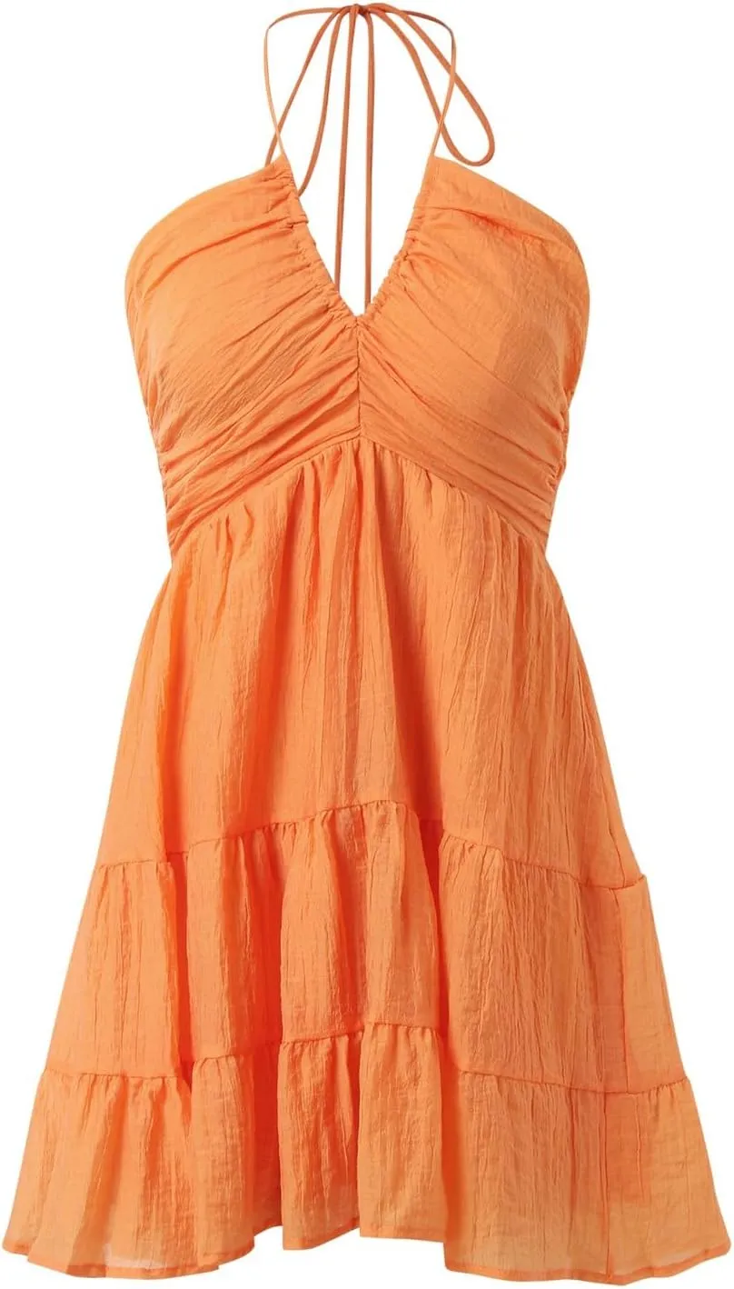 Women's Floral Print Halter Neck Mini Dress Ruched Sleeveless Ruffle Cut Out Flowy Tiered Cute Beach Club Short Dress