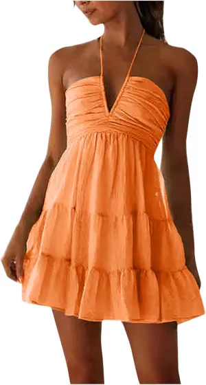 Women's Floral Print Halter Neck Mini Dress Ruched Sleeveless Ruffle Cut Out Flowy Tiered Cute Beach Club Short Dress