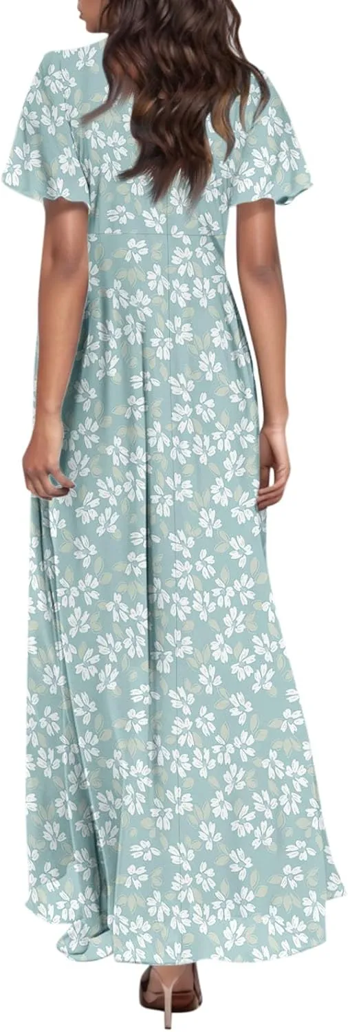 Women's Floral Print V Neck Ruffle Cap Sleeve Ruffle Hem Flowy Dress Boho High Waist Dresses for Women 2025