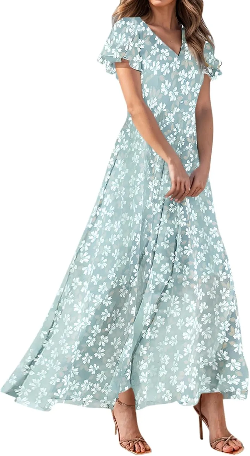 Women's Floral Print V Neck Ruffle Cap Sleeve Ruffle Hem Flowy Dress Boho High Waist Dresses for Women 2025