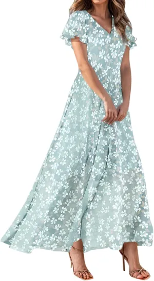 Women's Floral Print V Neck Ruffle Cap Sleeve Ruffle Hem Flowy Dress Boho High Waist Dresses for Women 2025