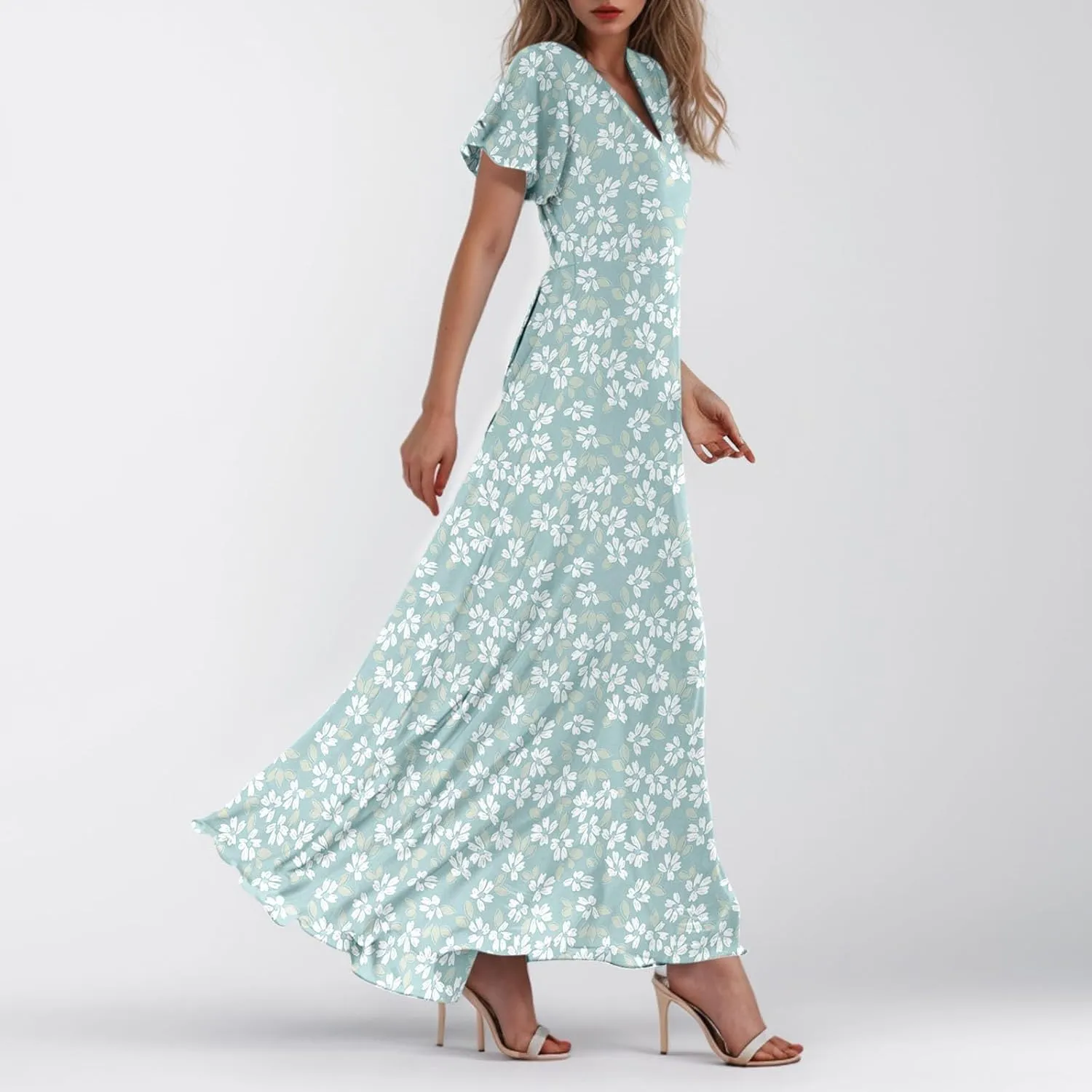 Women's Floral Print V Neck Ruffle Cap Sleeve Ruffle Hem Flowy Dress Boho High Waist Dresses for Women 2025