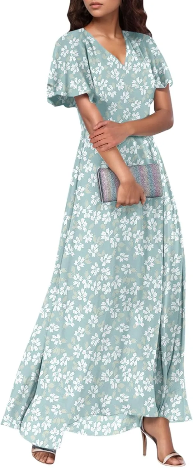 Women's Floral Print V Neck Ruffle Cap Sleeve Ruffle Hem Flowy Dress Boho High Waist Dresses for Women 2025