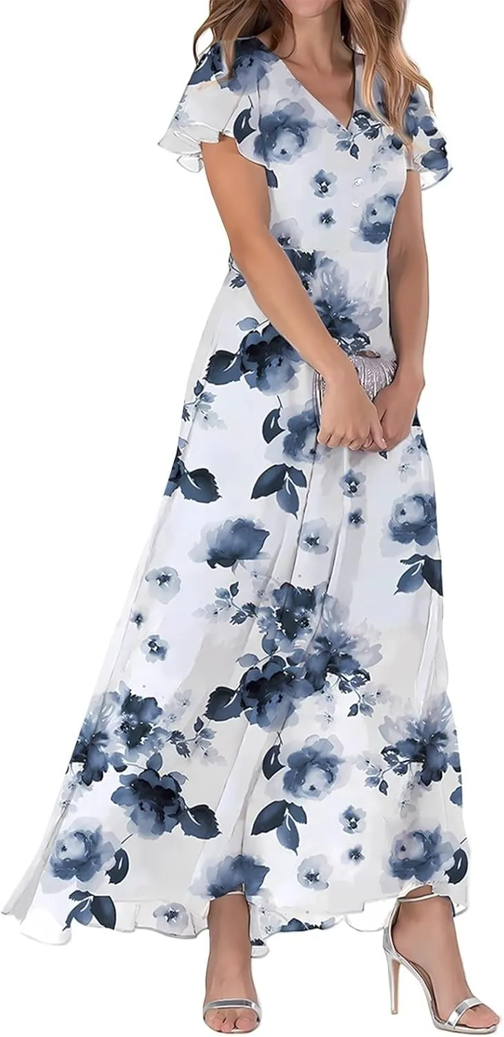 Womens Floral Summer Dress Sundresses for Women Chiffon Short Sleeve V Neck A-Line Ruffle Flowy Maxi Dress Casual