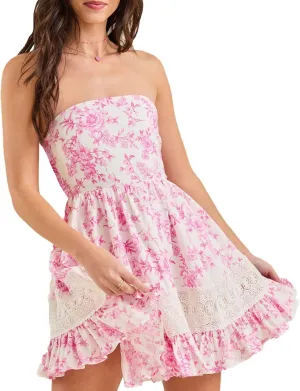 Women's Floral Tube Top Dress Casual Summer Strapless Mini Dresses Lace Patchwork Cute Ruffled Flowy Short Sundress