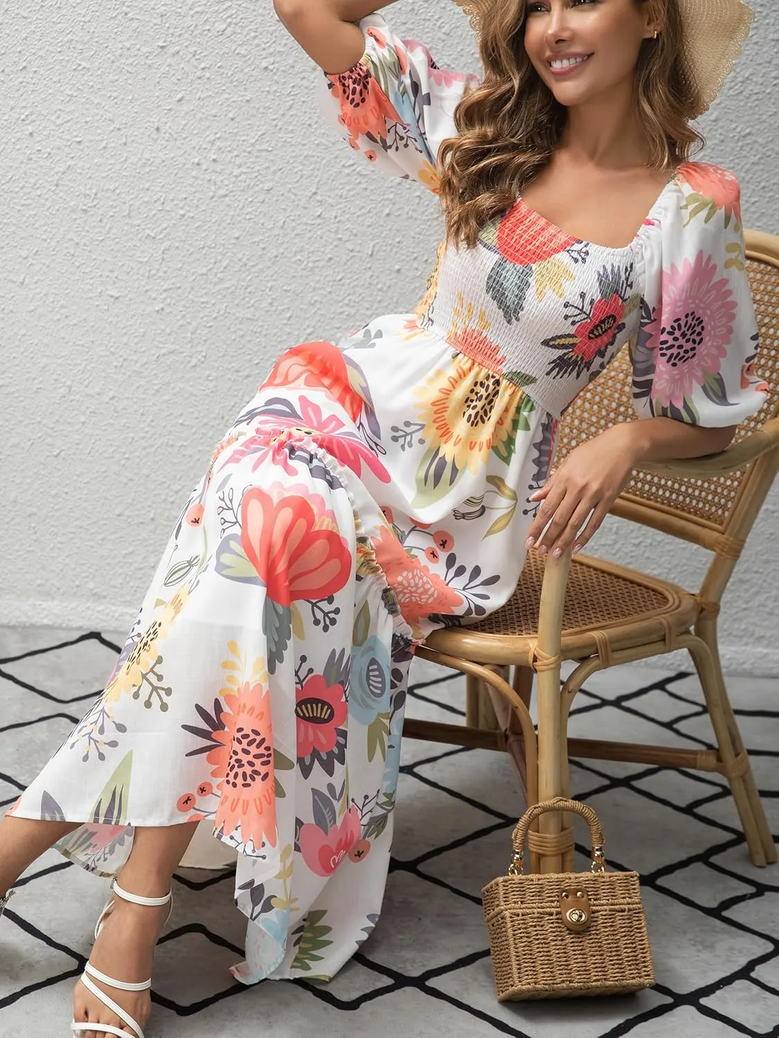 Womens Flower Print Floral Maxi Dress Puff Short Sleeve Square Neck Tiered Flowy 2025 Spring Summer Smocked Dresses