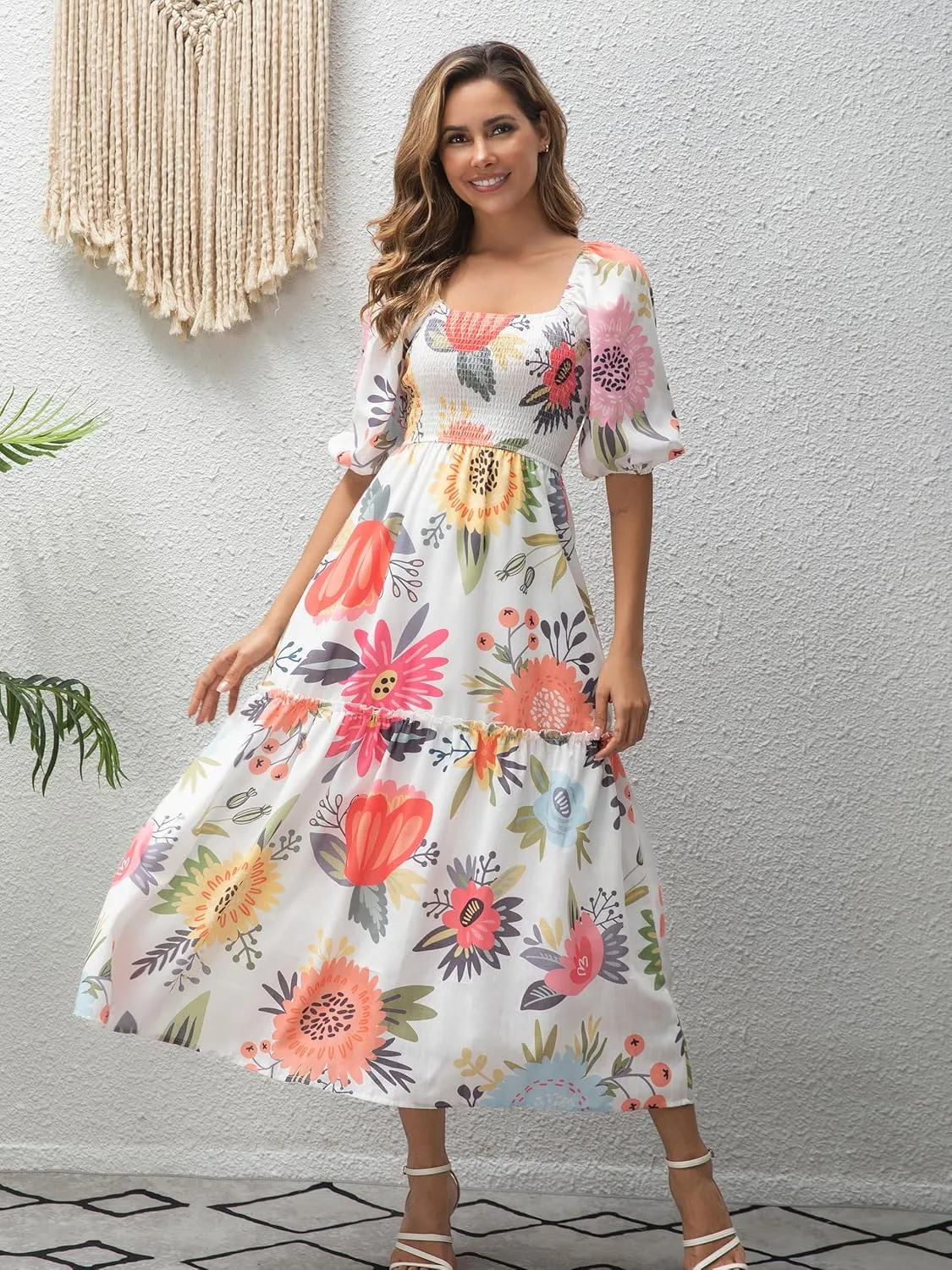 Womens Flower Print Floral Maxi Dress Puff Short Sleeve Square Neck Tiered Flowy 2025 Spring Summer Smocked Dresses