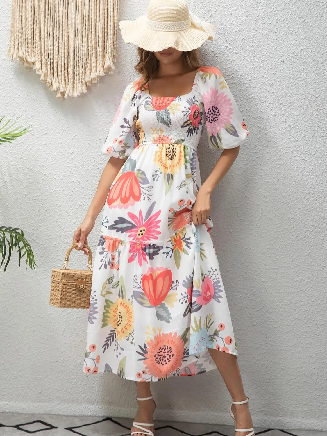 Womens Flower Print Floral Maxi Dress Puff Short Sleeve Square Neck Tiered Flowy 2025 Spring Summer Smocked Dresses