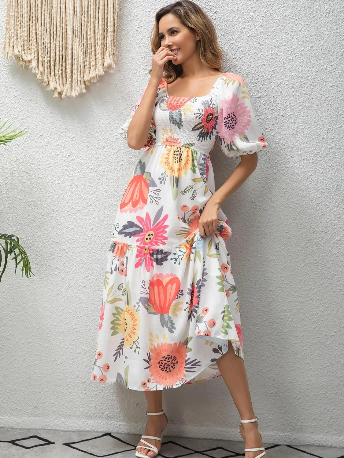 Womens Flower Print Floral Maxi Dress Puff Short Sleeve Square Neck Tiered Flowy 2025 Spring Summer Smocked Dresses