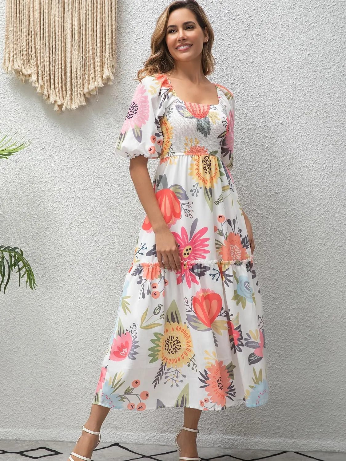 Womens Flower Print Floral Maxi Dress Puff Short Sleeve Square Neck Tiered Flowy 2025 Spring Summer Smocked Dresses
