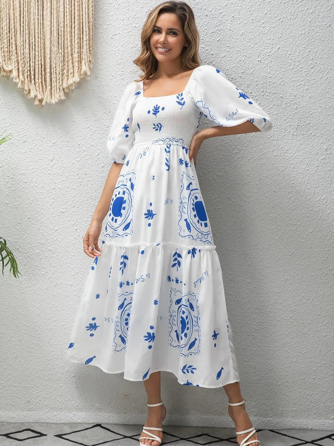 Womens Flower Print Floral Maxi Dress Puff Short Sleeve Square Neck Tiered Flowy 2025 Spring Summer Smocked Dresses