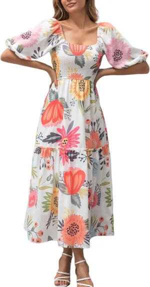 Womens Flower Print Floral Maxi Dress Puff Short Sleeve Square Neck Tiered Flowy 2025 Spring Summer Smocked Dresses