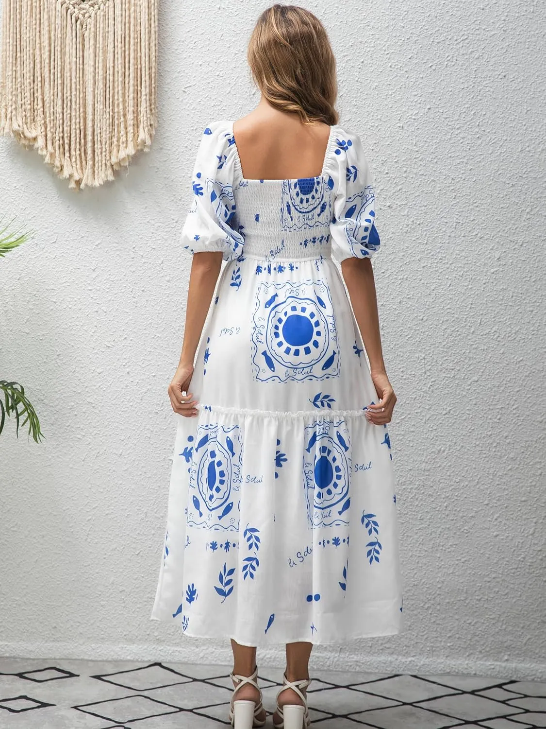Womens Flower Print Floral Maxi Dress Puff Short Sleeve Square Neck Tiered Flowy 2025 Spring Summer Smocked Dresses