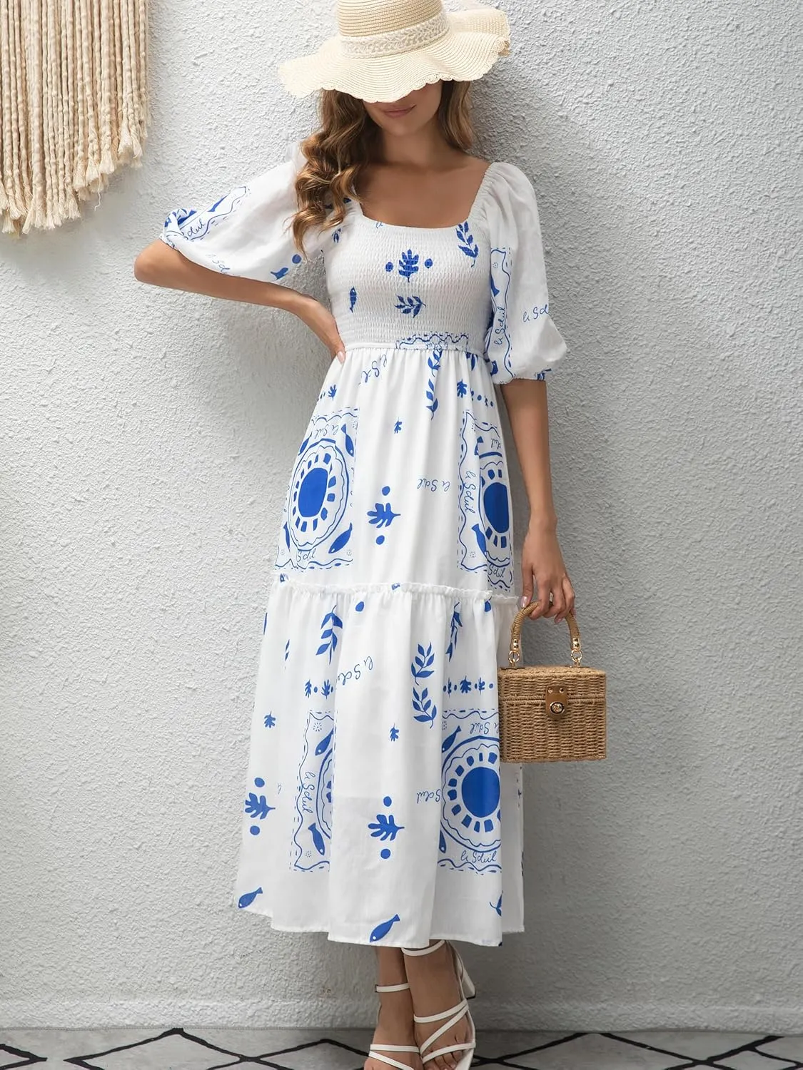 Womens Flower Print Floral Maxi Dress Puff Short Sleeve Square Neck Tiered Flowy 2025 Spring Summer Smocked Dresses