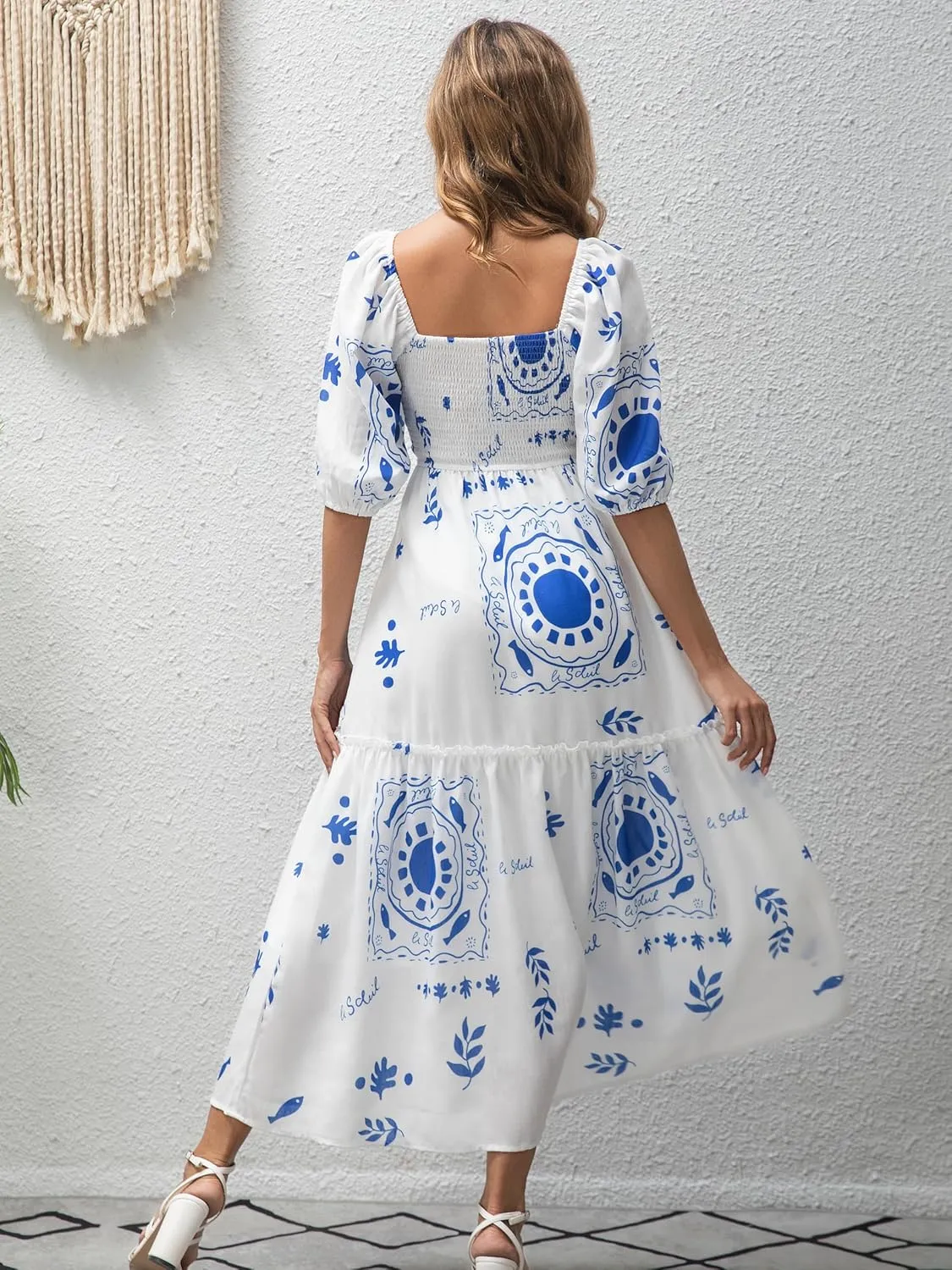 Womens Flower Print Floral Maxi Dress Puff Short Sleeve Square Neck Tiered Flowy 2025 Spring Summer Smocked Dresses