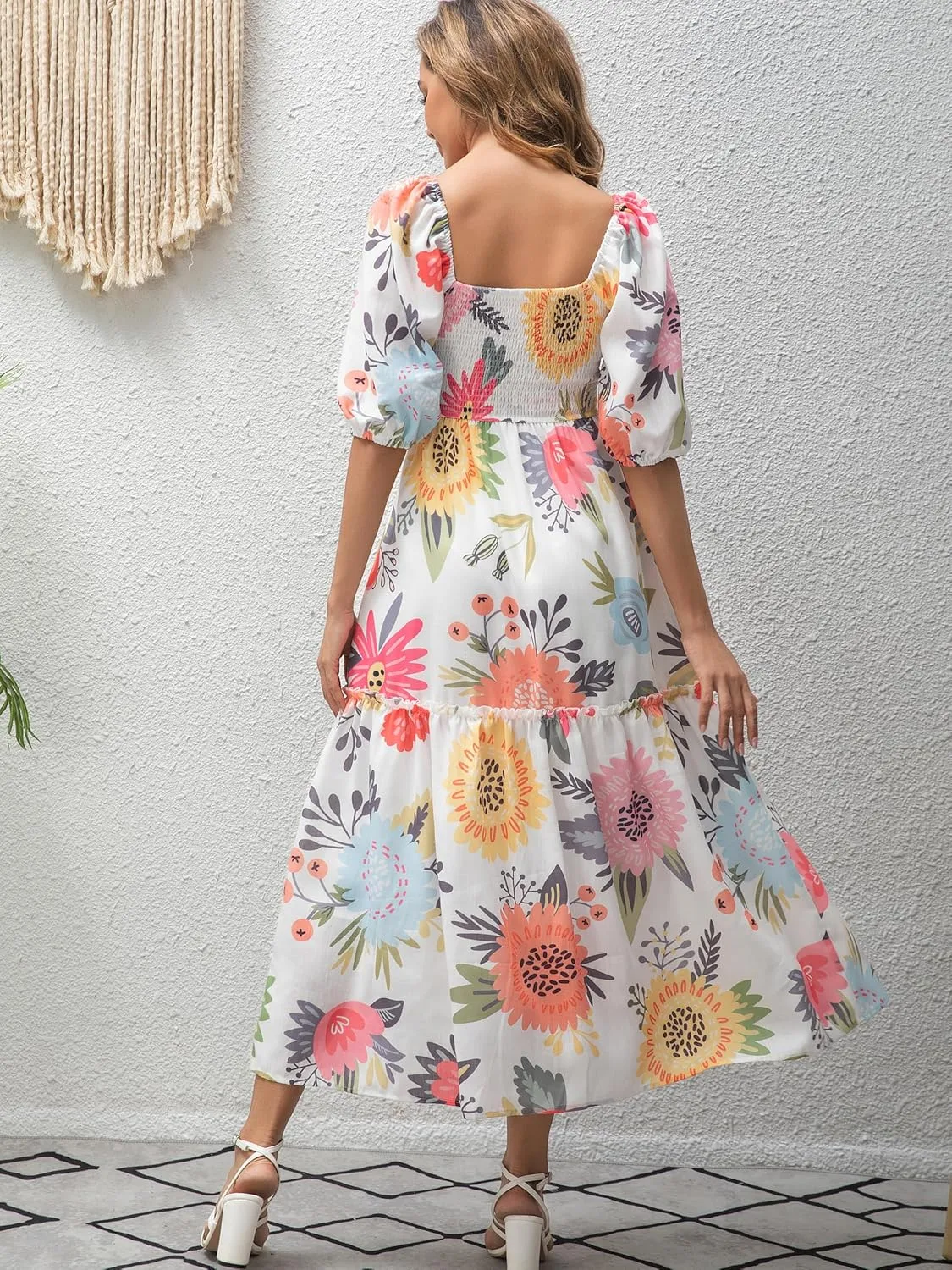 Womens Flower Print Floral Maxi Dress Puff Short Sleeve Square Neck Tiered Flowy 2025 Spring Summer Smocked Dresses