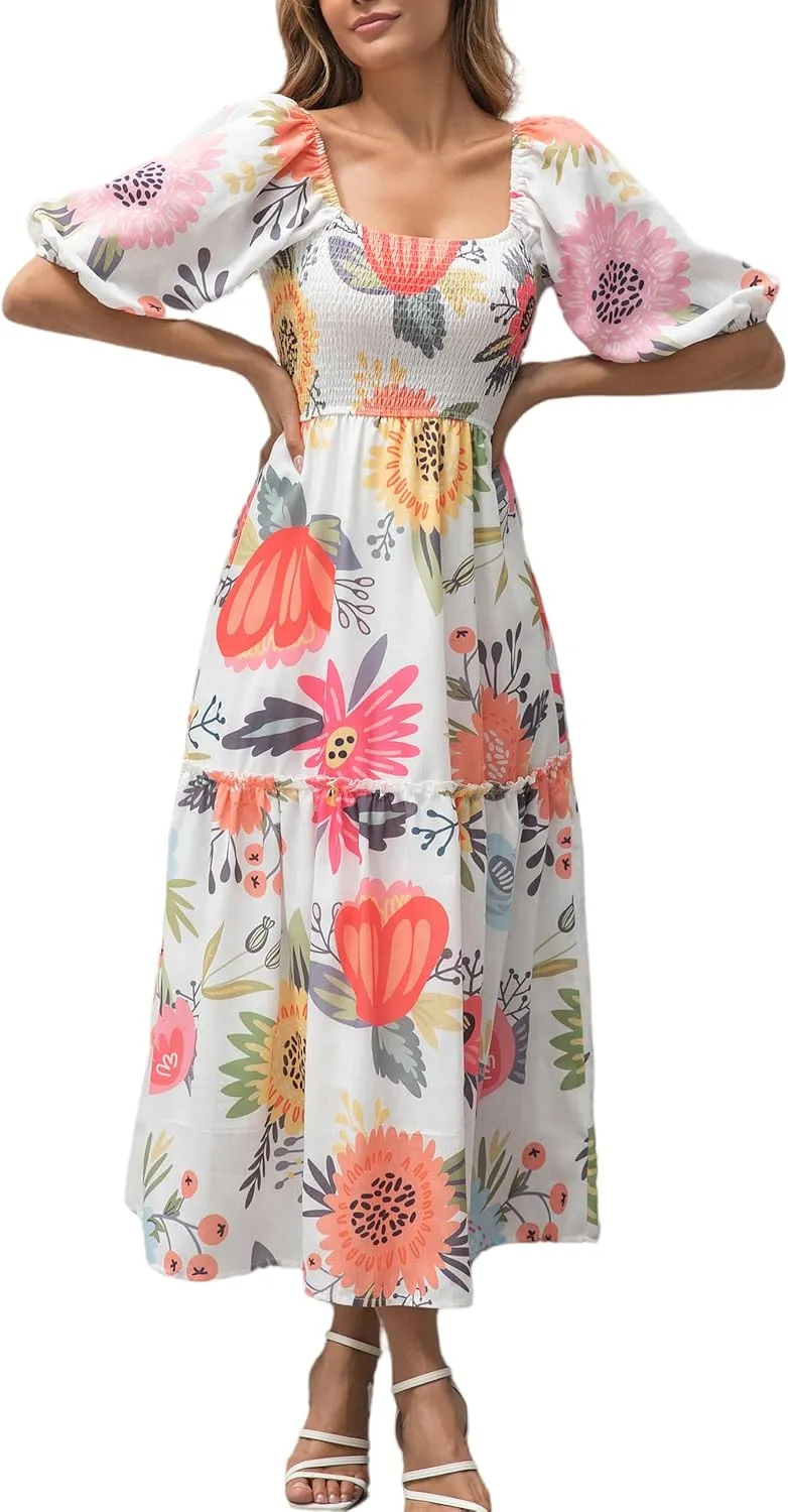 Womens Flower Print Floral Maxi Dress Puff Short Sleeve Square Neck Tiered Flowy 2025 Spring Summer Smocked Dresses