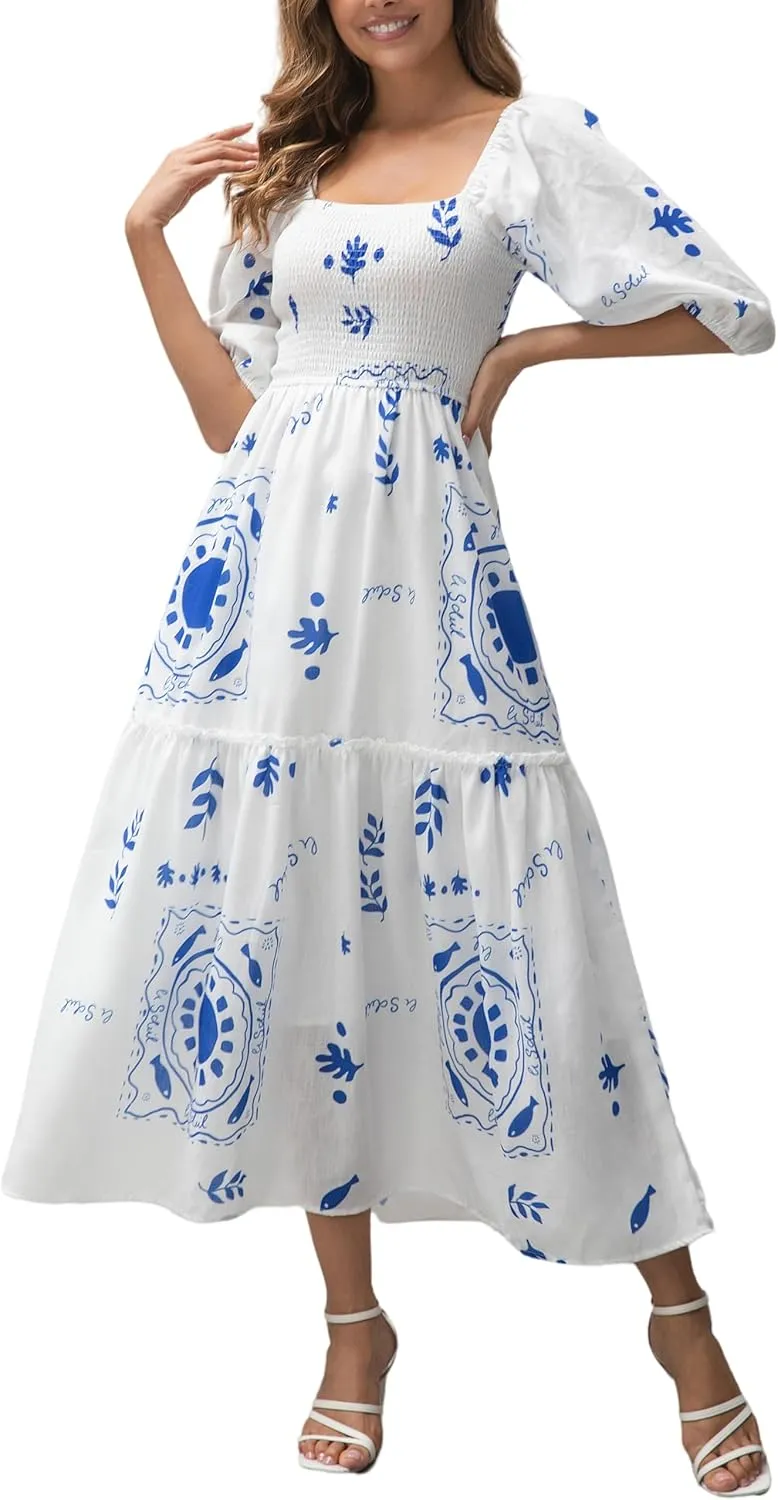 Womens Flower Print Floral Maxi Dress Puff Short Sleeve Square Neck Tiered Flowy 2025 Spring Summer Smocked Dresses