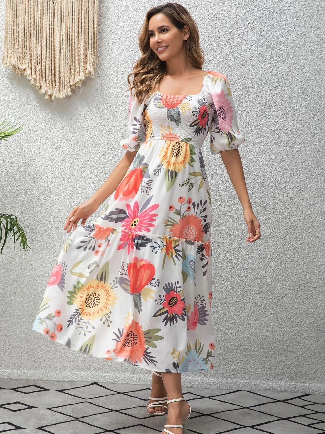 Womens Flower Print Floral Maxi Dress Puff Short Sleeve Square Neck Tiered Flowy 2025 Spring Summer Smocked Dresses