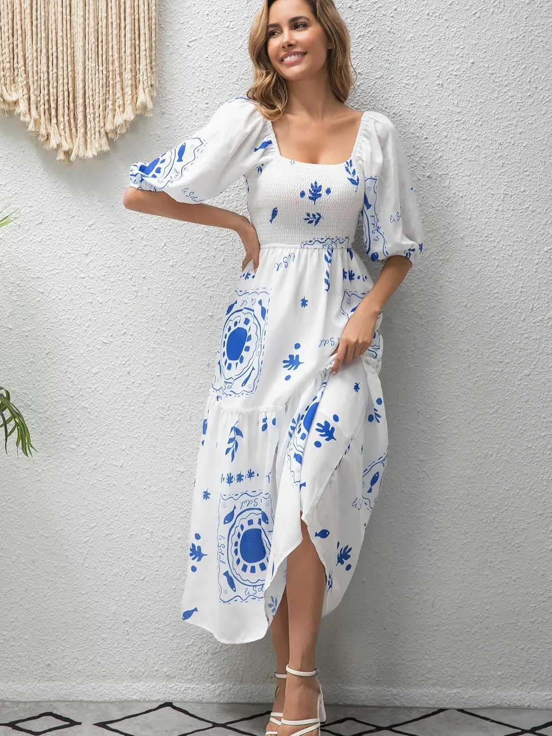 Womens Flower Print Floral Maxi Dress Puff Short Sleeve Square Neck Tiered Flowy 2025 Spring Summer Smocked Dresses