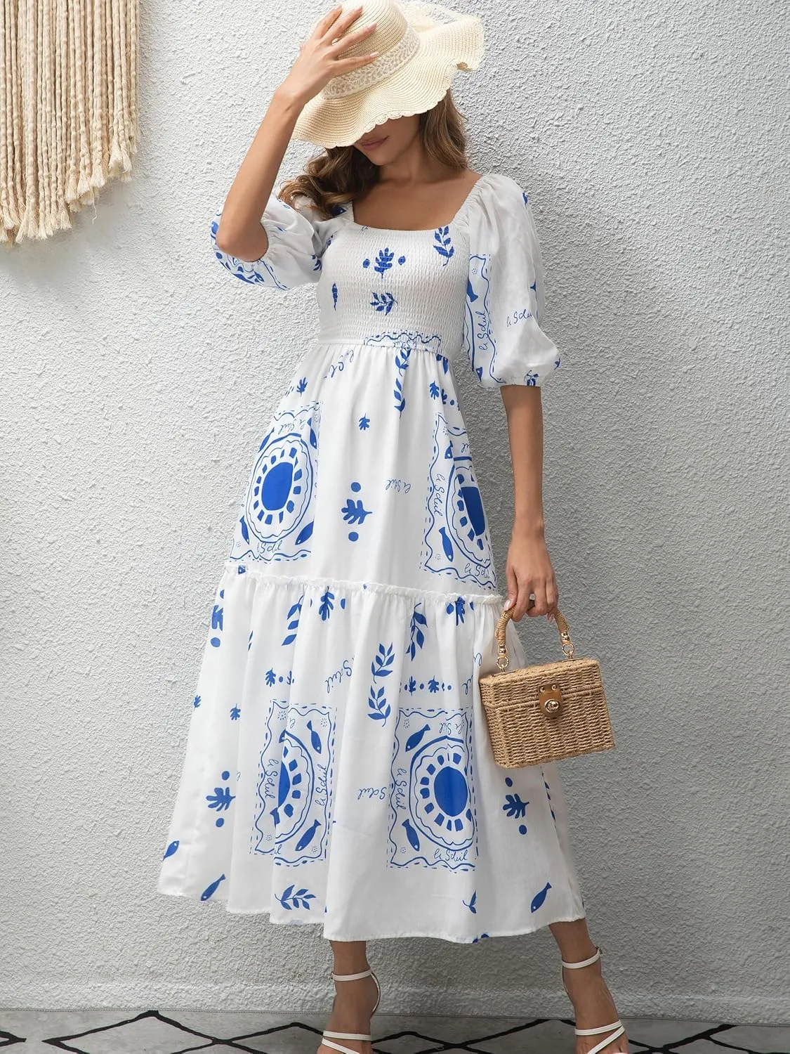 Womens Flower Print Floral Maxi Dress Puff Short Sleeve Square Neck Tiered Flowy 2025 Spring Summer Smocked Dresses