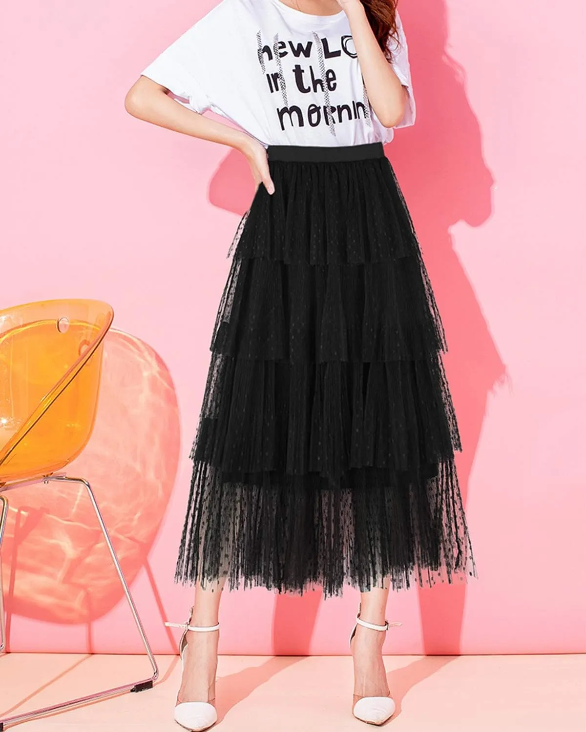 Women's High Waist Pleated Layer Skirts Midi A Line Skirt