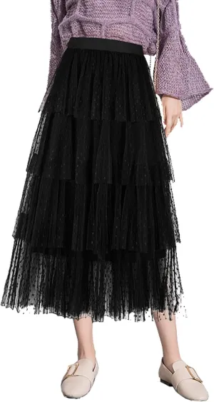 Women's High Waist Pleated Layer Skirts Midi A Line Skirt
