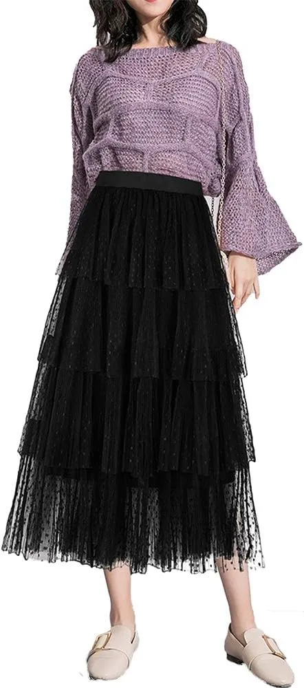 Women's High Waist Pleated Layer Skirts Midi A Line Skirt