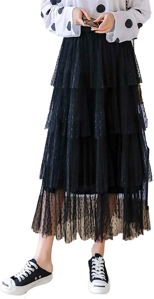 Women's High Waist Pleated Layer Skirts Midi A Line Skirt