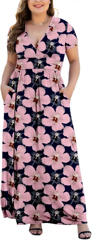 Women's L-5XL Short Sleeve V-Neck Plus Size Maxi Dresses with Pockets