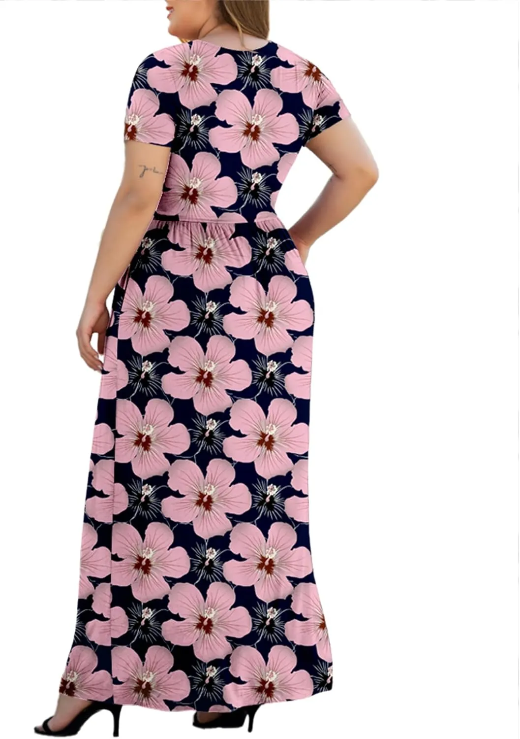 Women's L-5XL Short Sleeve V-Neck Plus Size Maxi Dresses with Pockets