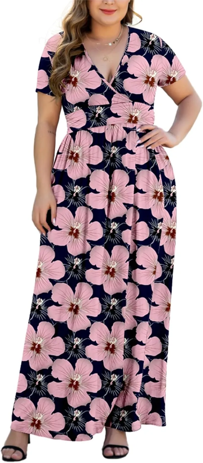 Women's L-5XL Short Sleeve V-Neck Plus Size Maxi Dresses with Pockets